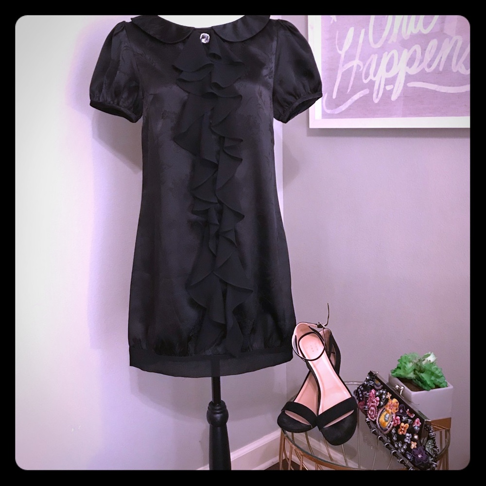 Elegant Black Ruffle Front Satin-finish Mini Dress